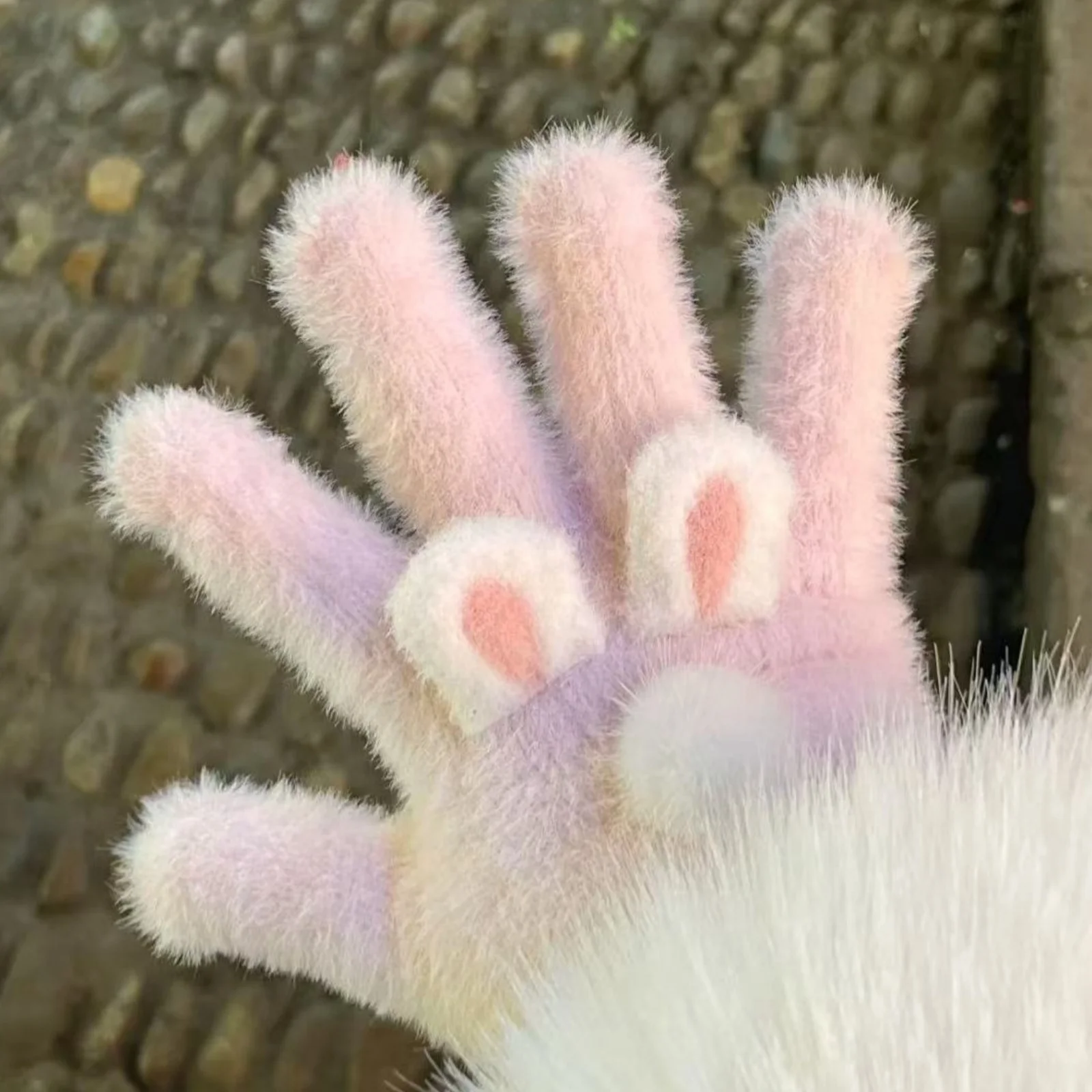 1 Paar Kunstfell-Handschuhe mit Hasenohren, niedliche rosa flauschige Handwärmer, bezaubernde Winteraccessoires mit Kaninchenmotiv, weich, gemütlich