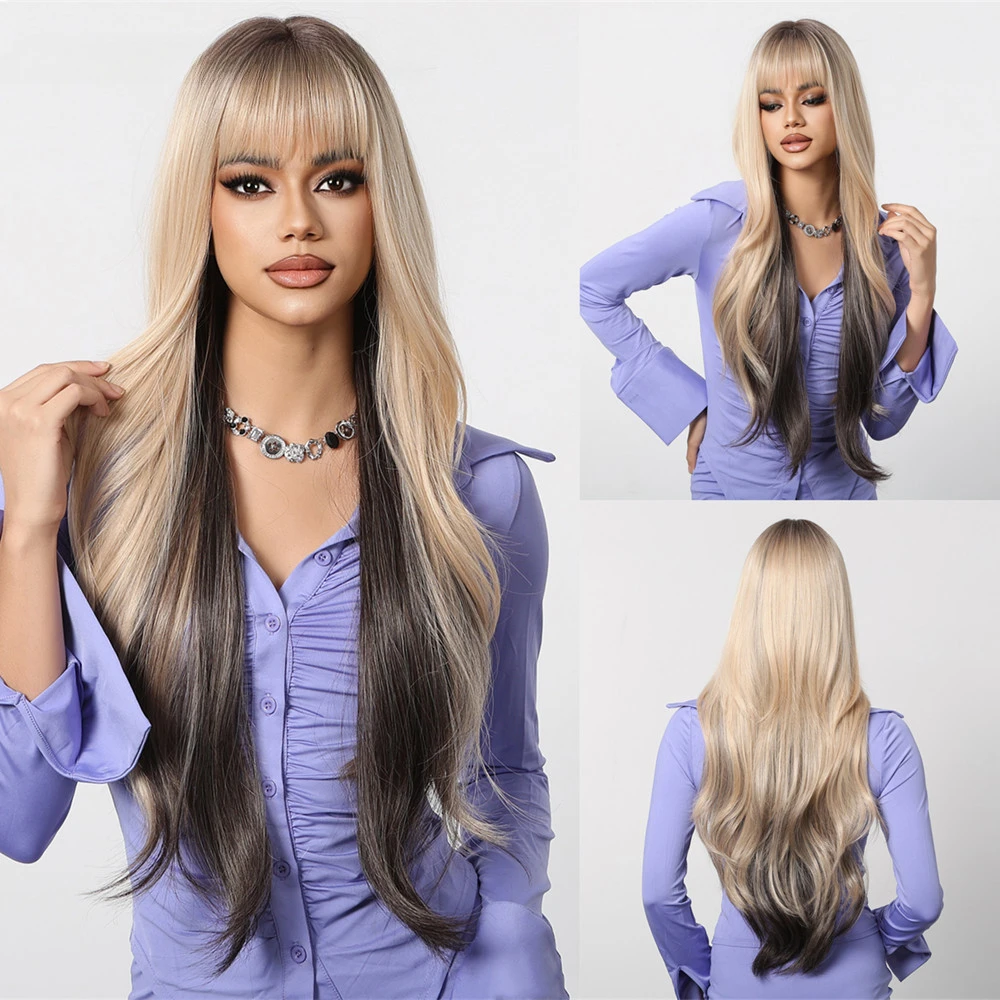 

Blonde Brown Layered Wig with Bangs Long Ombre Wavy Synthetic Hair Wig Mixed Color Daily Heat Resistant Fibre Wigs