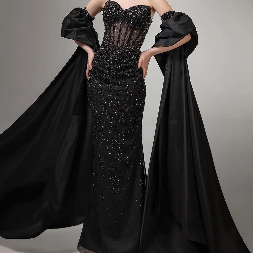 

Graceful and Luxury Sequined Beading Crystal Evening Dresses Detachable Sleeve Black Satin Lace Up Back Sweep Train Custom Made