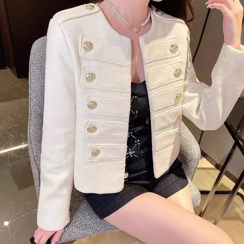 2023 Korean Fashio New Small Fragrance Autumn Coat Women Luxury High Quality Vintage Double Breasted O-neck Short Tweed Jacket n