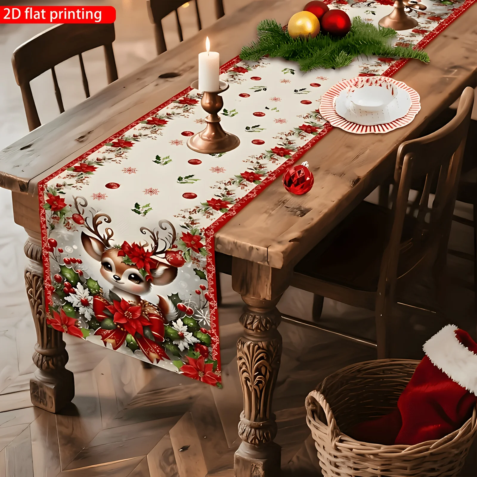 1pc Premium Christmas Table Runner with Reindeer, Berry, Holly Leaf, Christmas Ball & Snowflake Pattern, Winter Theme Elegant Ho