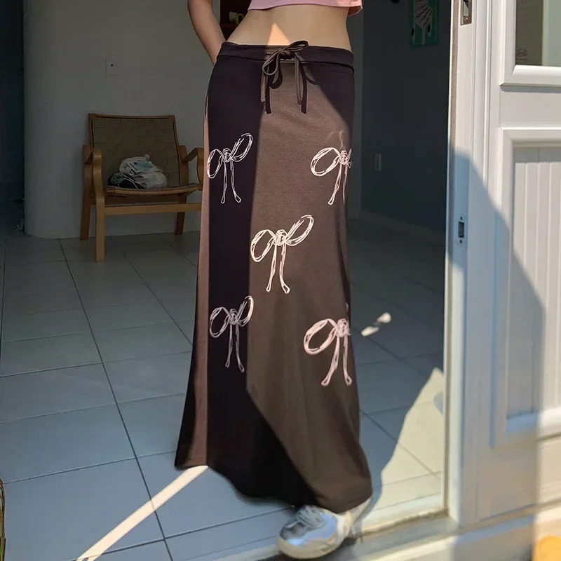 

Vintage Elegant Cute Bow Print Skirt Bandage Midi Long Skirts E-girl Harajuku Fairycore 2000s Grunge Aesthetics Korean Cloth 00s