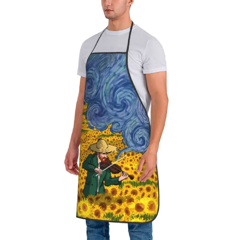 Sternennacht- und Sonnenblumen-Retro-Schürze, Kunstdruck, langlebig und leicht zu waschen, Schürze für die Küche zu Hause