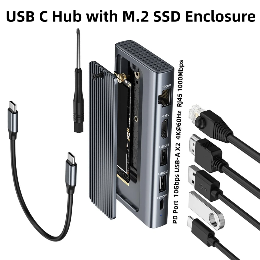 

USB C HUB Type-C to USB3.2 PD 1000Mbps RJ45 for Laptop Macbook Accessories Ethernet Adapter Network Card M.2 SSD Enclosure Dock