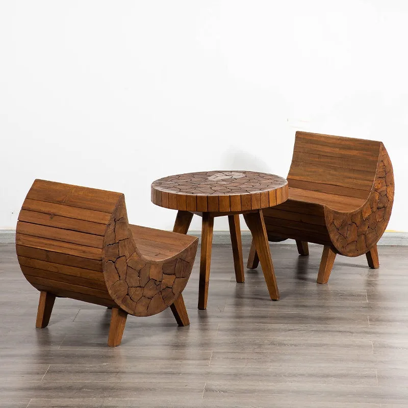 Solid wood balcony bay window round coffee table, retro small apartment sofa side log special-shaped courtyard coffee table