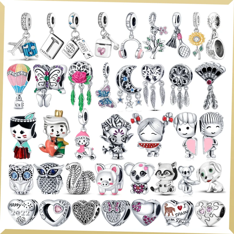 

2023 Charms Plata Of Ley 925 Silver Hot Air Balloon Pendant Owl Cat Love Heart Charms Fit Pandora Bracelets DIY Jewelry Making