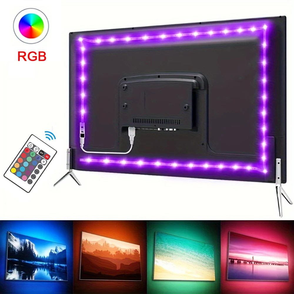 RGB LED TV Lights Strip com controle remoto, fita flexível, Home Party Decor, USB, 5V, 5050