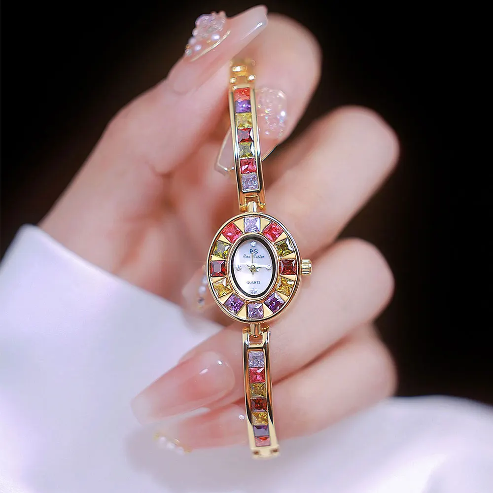 Nuovo orologio a catena da donna Orologio da polso con cinturino arcobaleno di lusso originale di marca Orologio da polso al quarzo moda donna impermeabile in oro regalo