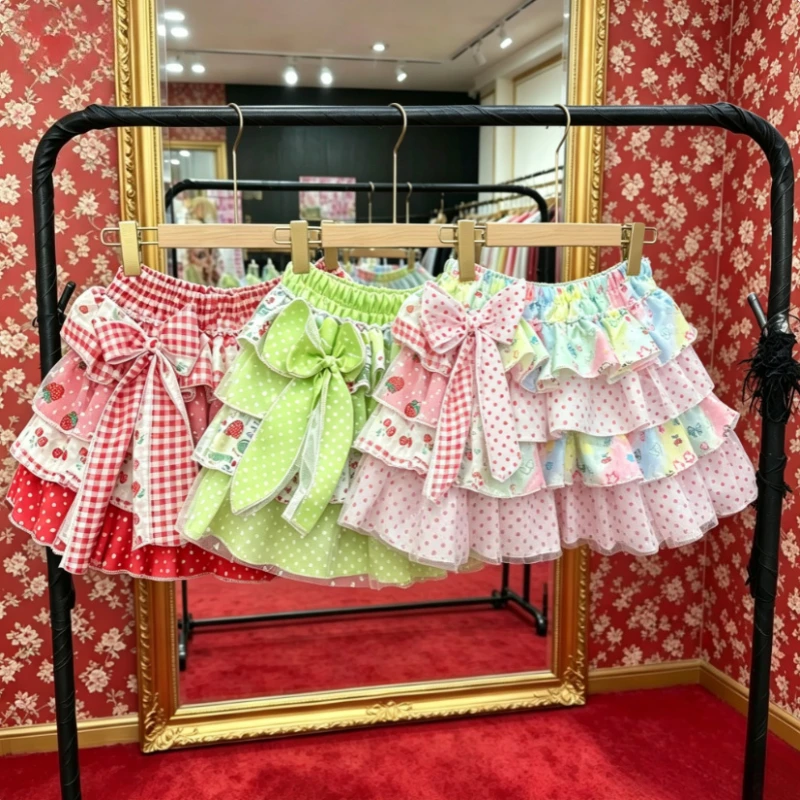 Kawaii Japanese Polka Dot Cake Skirt Y2K Cute Bow Puffy Mini Skirt Sweet Lolita Printed Short Skirt Women Casual Splicing Bottom
