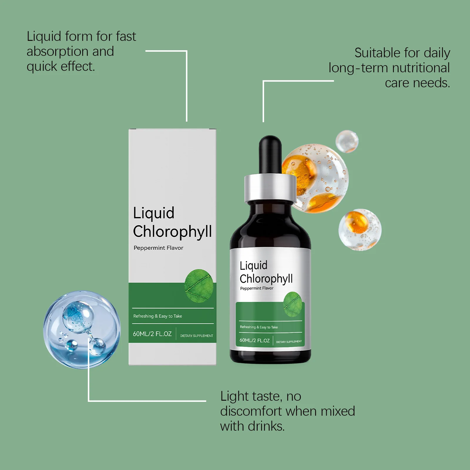 Liquid Chlorophyll Drops Peppermint Flavor Vegan Internal Deodorant Detox Immune Support Natural Plant Supplement