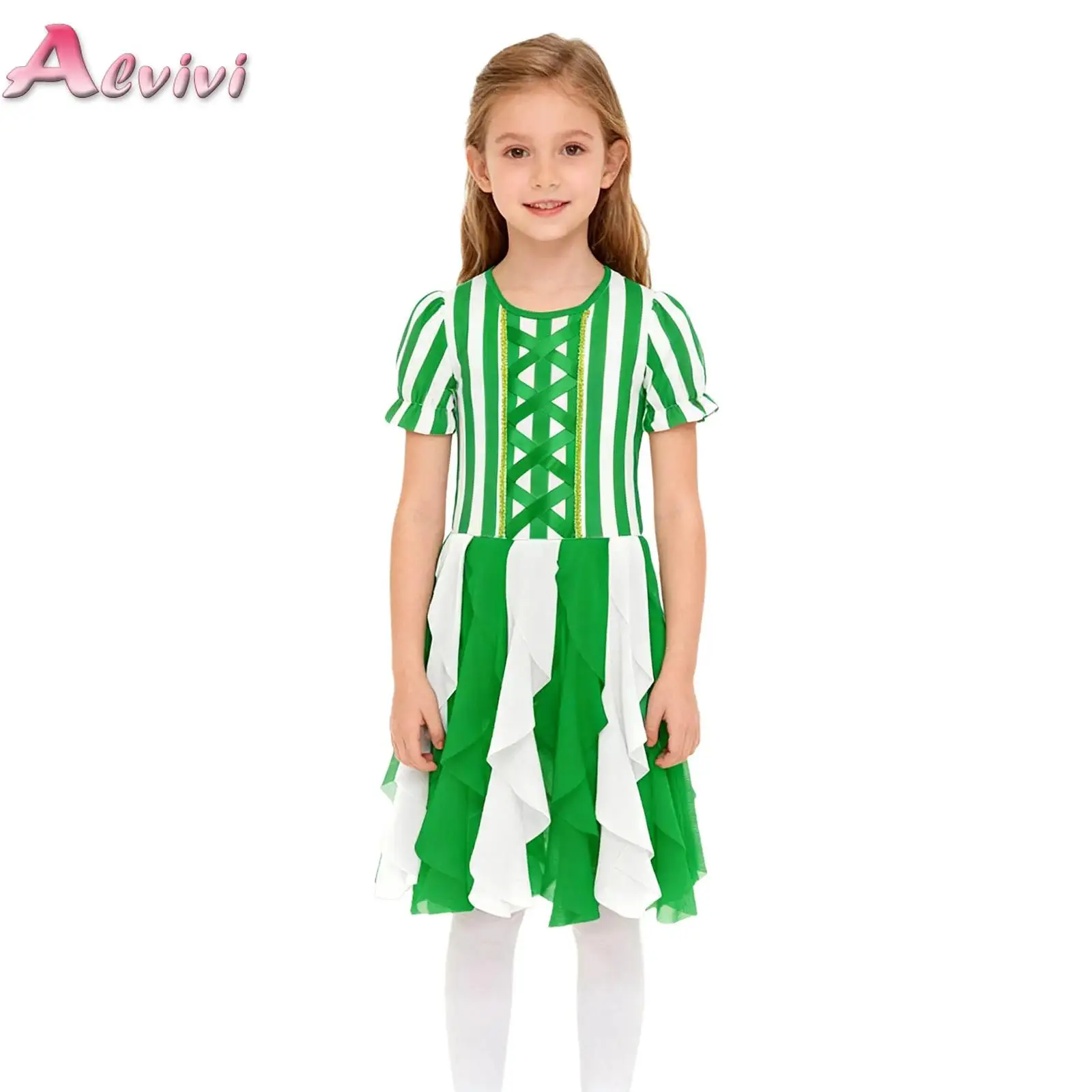 

Kids Girls Christmas Candy Cane Striped Costumes Puffy Sleeve Tulle Dress Ballet Dance Leotard Tutu for Xmas Parties Performance