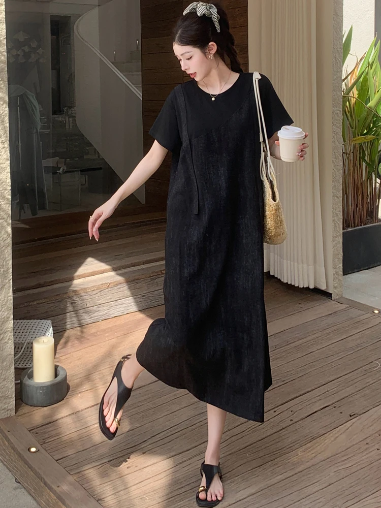 NYFS Zomerjurk 2025 Koreaanse Stijl vrouwen Losse plus Size Korte Mouw Twee vervalsingen t-shirt Lange Jurk Gewaad Elbise