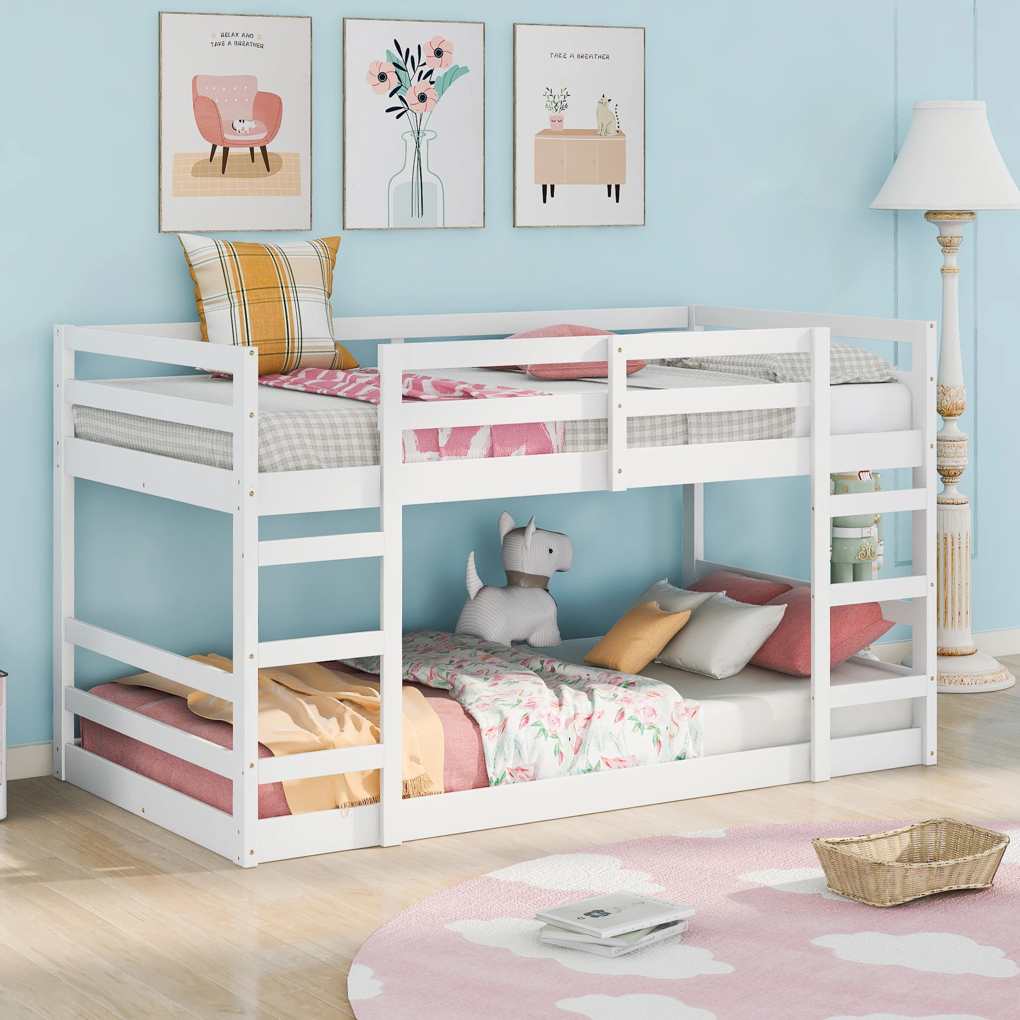 Twin Over Twin Bunk Bed with Ladder - White  77.40x42.40x48 in.