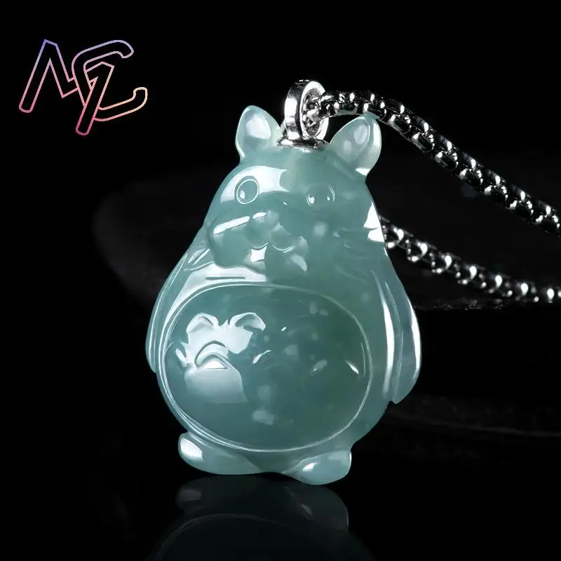 Blue Myanmar Jadeite Totoro Pendant Necklace Gifts for Women 925 Silver Carved Amulet Real Jewelry Burmese Jade