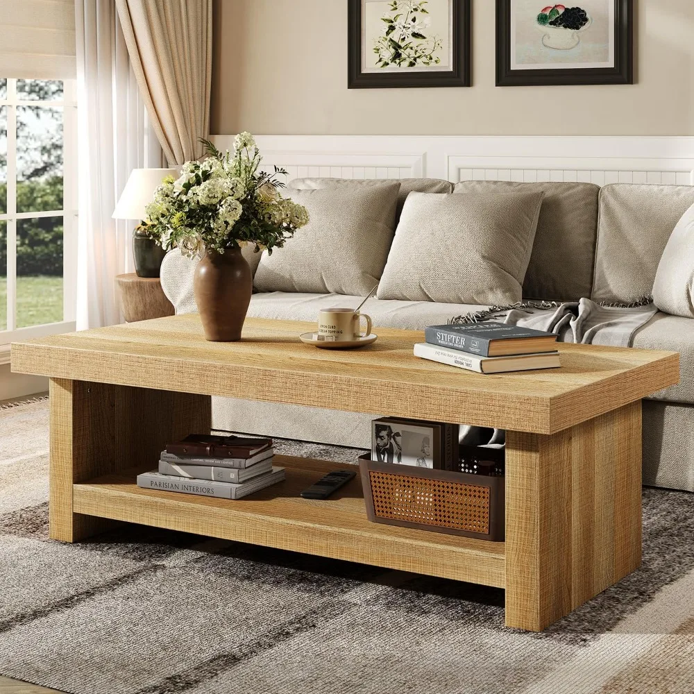 

47-Inch Farmhouse Style Rectangular Coffee Table with Thick Base for Living Room and Low Cocktail Tea Serving