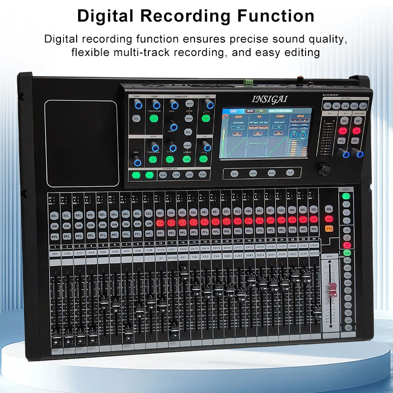 Novo mixer digital de 24 canais, profissional, bluetooth, controlador de gravação ao vivo completo, console de placa de som, misturador digital de áudio