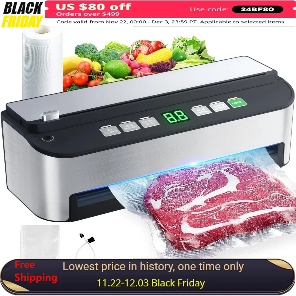 Vacuum Sealer Machine, 85KPA Fully Automatic 8-IN-1 Food Sealer, Moist Mode Air Suction Hose, Vacuum Food Sealers