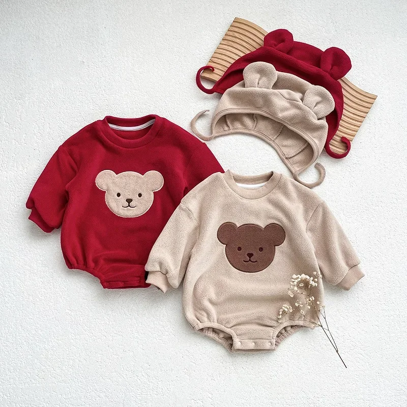 Baby clothes fall/winter boys plush ear sweatshirt romper girls baby newborn hooded one-piece romper jumper + fleece pants