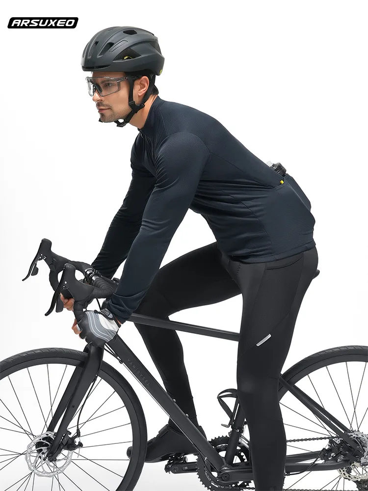بدلة ركوب الدراجات الاحترافية من ARSUXEO، قميص رجالي للربيع/الصيف سريع الجفاف وجيد التهوية، سحاب بلون سادة بأكمام طويلة، عبر الحدود