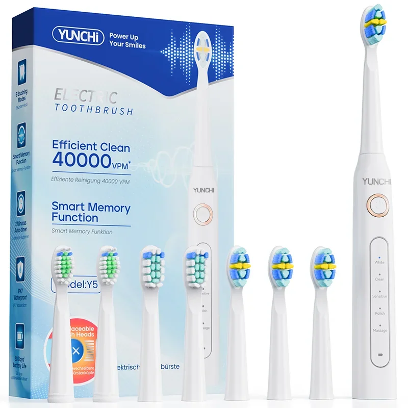 Yunchi Sonic Electric Toothbrush Y5 Waterproof Rechargeable 5 Modes 2 Mins Timer Tooth Brush with Replaceable 8pcs Brush Heads
