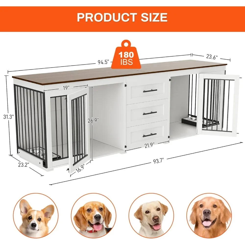 Dog Crate Furniture for 2 Dogs, Large Dog Kennel Furniture with 3 Storage Drawer, Wooden Cage with 4 Bowls Indoor House