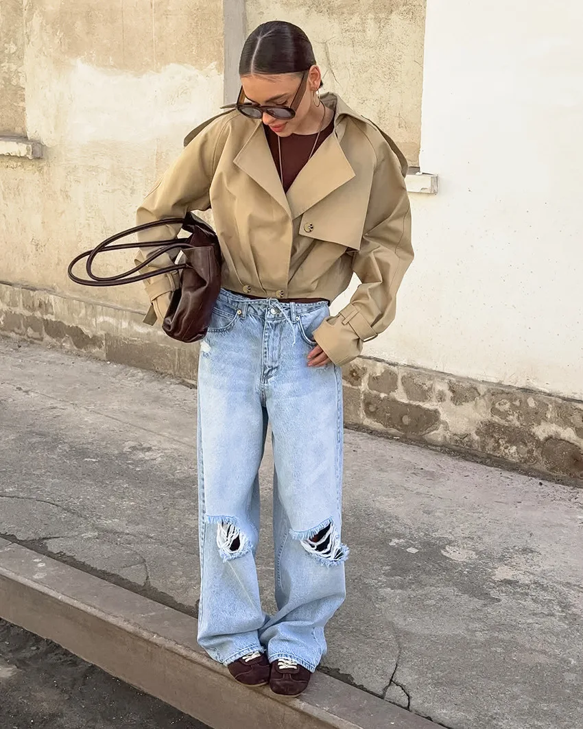 

2025 Autumn New Cropped Trench Jacket Women Vintage Streetwear Double Breasted Long Sleeve Short Top Female Fashion Coat Outfits