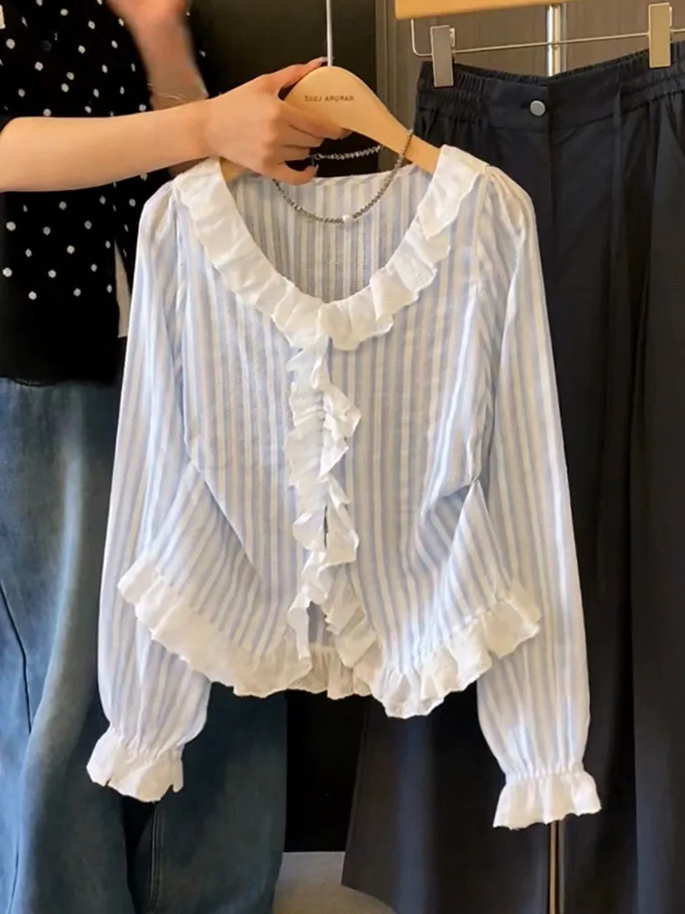 

Женская блузка в французском стиле с кружевными вставками и полосками, премиум-класса, весенняя, с длинным рукавом, с цветочными деталями, повседневная одежда