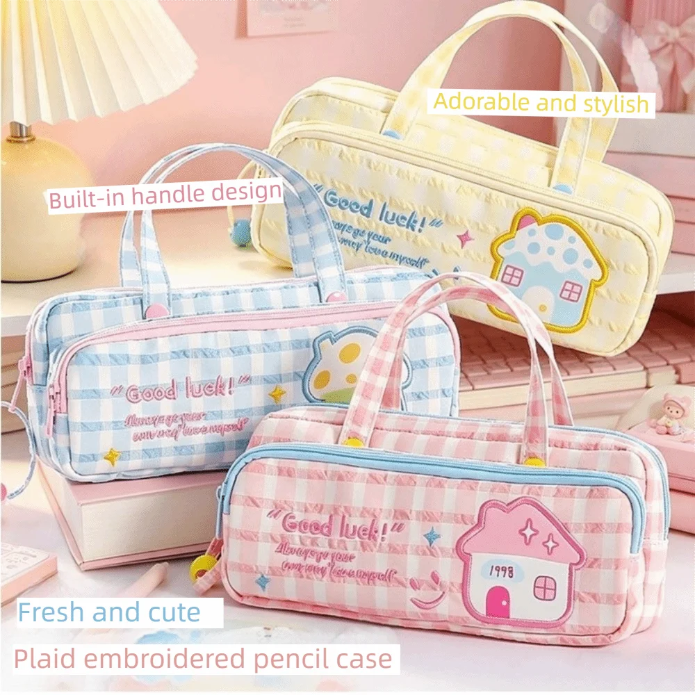 Sweet Style Plaid Pencil Case Large Capacity Double Layer Stationery Box Portable Ins Style Pen Bag Students
