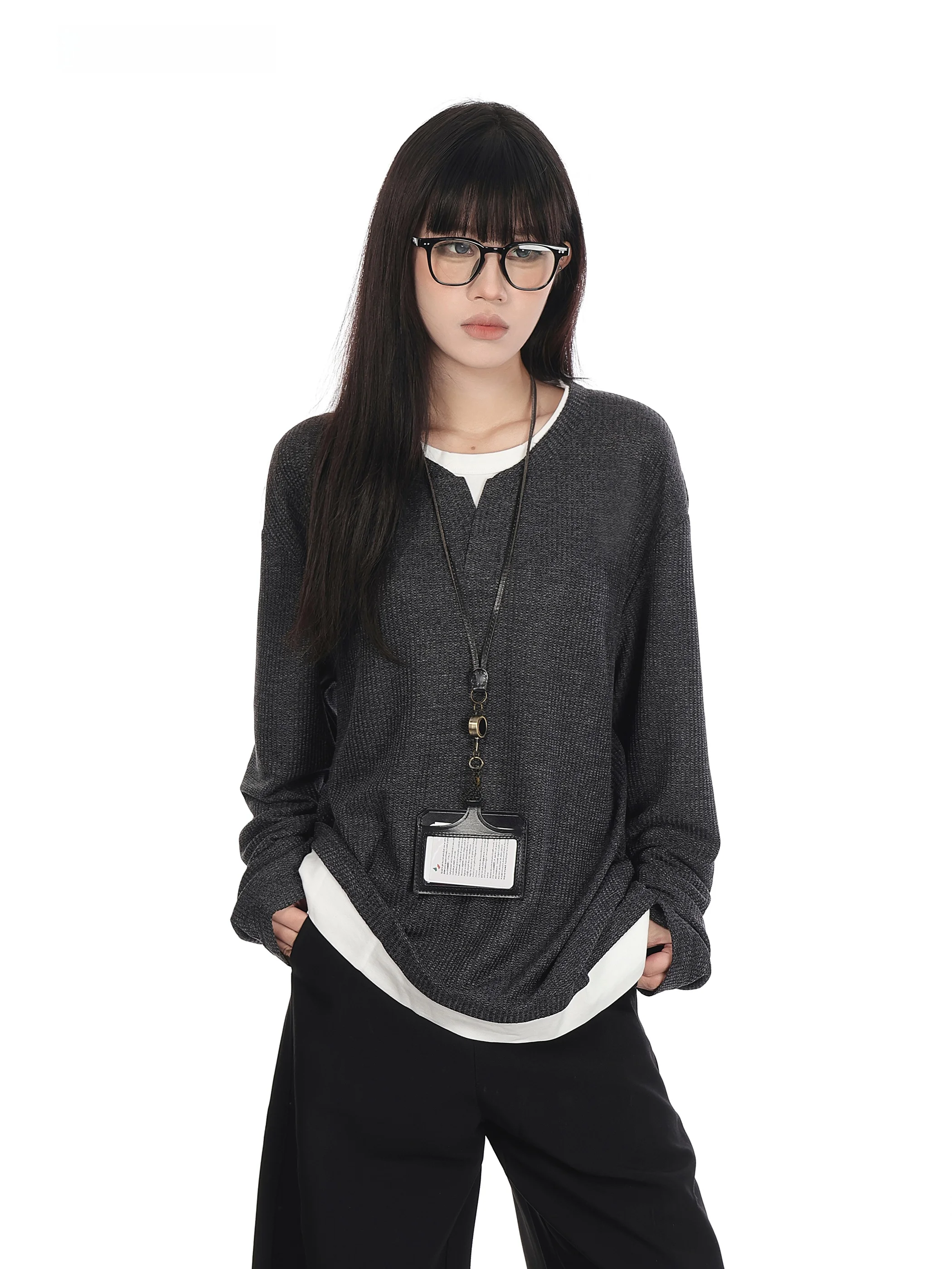 

American Sle Simple Splice Long Sve V-Ne T-irt Women's Spring New Base irt Top Men's Casual Wear Polyester Blend