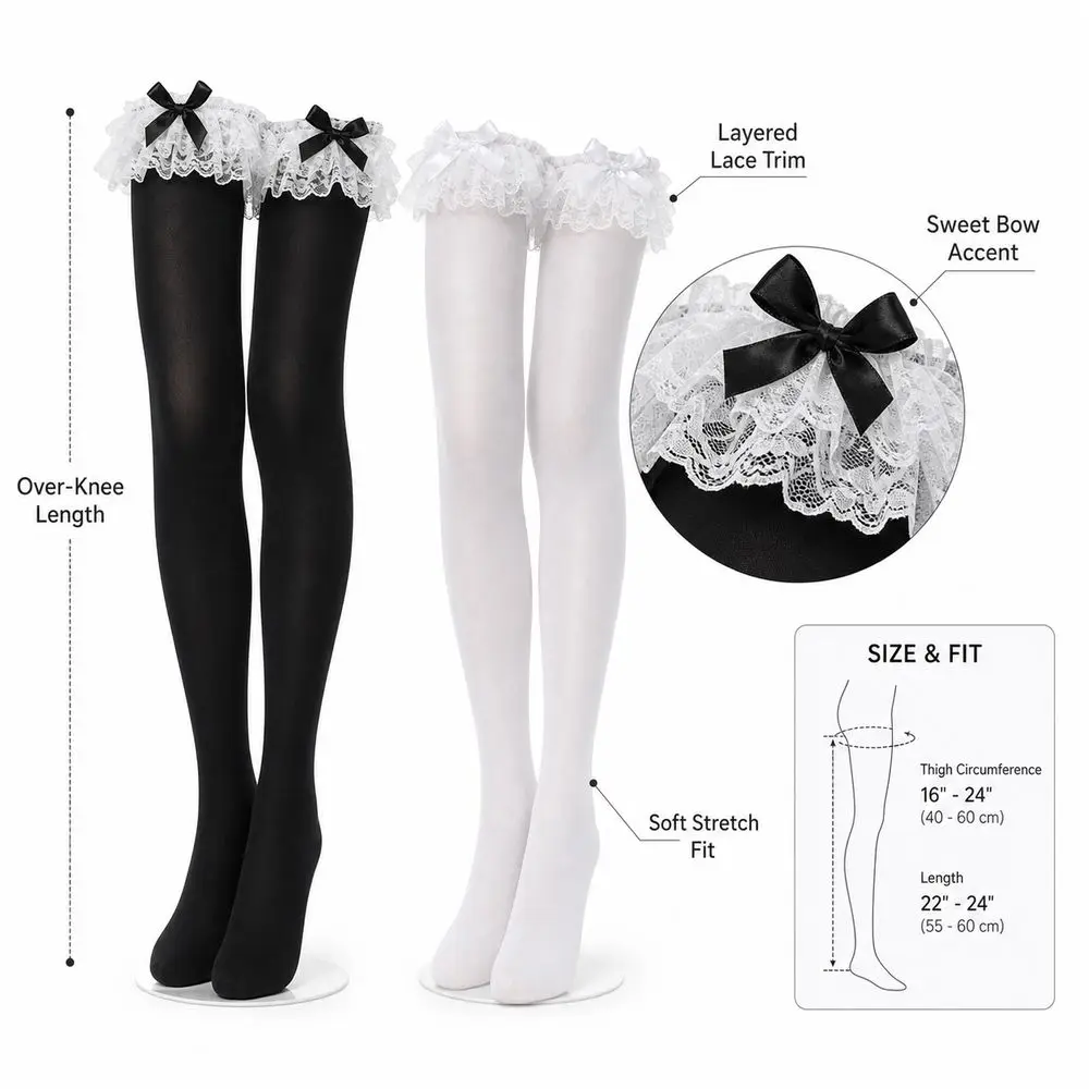 Ruffled Lace Trim Thigh High Stockings Bow Elastic Top Lace Top Stockings Smooth Finish Over Knee Stockings Costume Styling