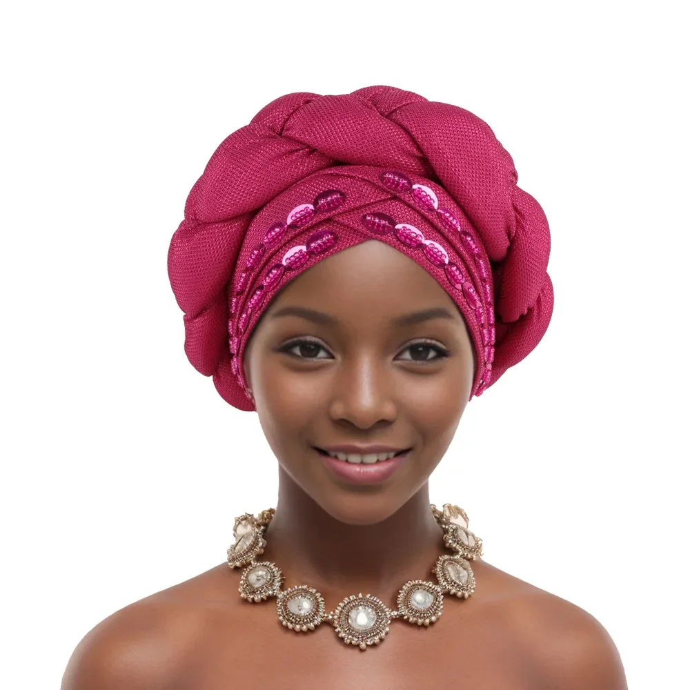 

Новинка 2025 года, тюрбан с блестками Geles для женщин, африканские головные уборы Auto Gele, платок Aso Oke, уже сделано, повязка на голову, нигерийская шляпа