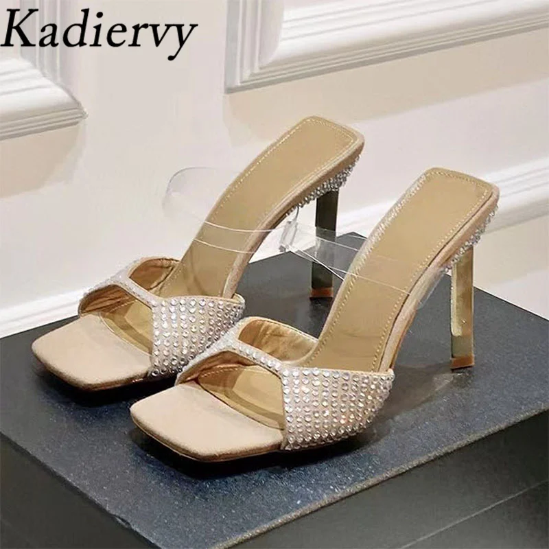 

Sexy High Heels Slippers Woman Rhinestone Party Shoes Summer Slides Square Peep Toe Mules Stiletto Gladiator Sandals For Women