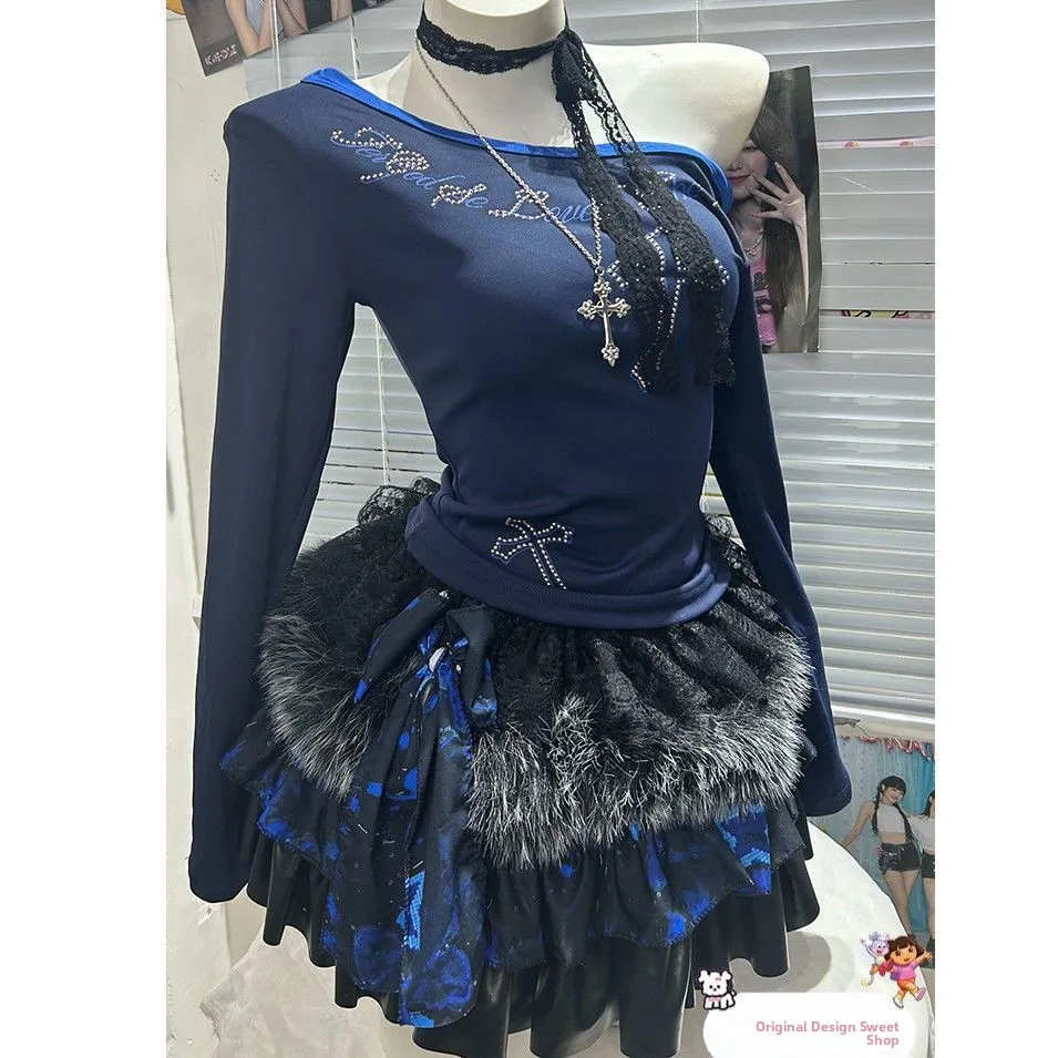 

Handmade Long Sve T-irt with Rhinestones oulder Bows And Cake Skirt Splicing Soft Plu Material Durable for Autumn Wear