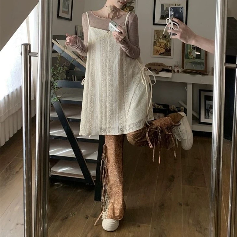 Frühling Herbst Unregelmäßige Einteilige Beige Spitze Ärmelloses Kleid Frauen Cover Up Layered Kurze Mini Slip Kleid Nette Hosenträger Kleid