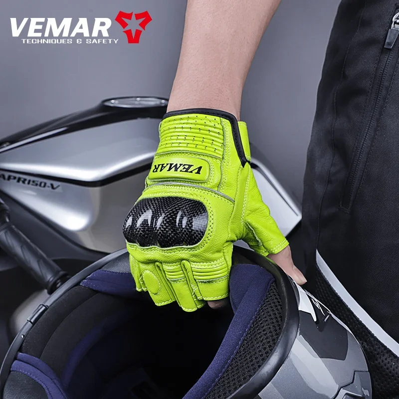 

VEMAR Unisex Summer Riding Leather Gloves Cycling Men Motorcycle Sheepskin Cowhide Vintage Half Finger Racing Rider Anti-Fall