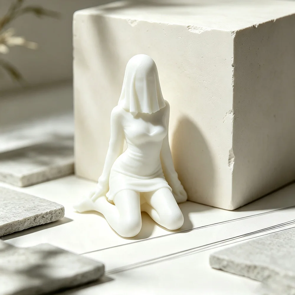 Veiled Kneeling Woman Figurine 3D Printed Abstract Lady Statue Minimalist Faceless Female Desktop Ornament Home Shelf Decor Gift
