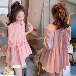 2024 Summer Maternity Pink Shirts Puff Sleeve O-neck Bowknot Hollow Out Backside Pregnant Woman Blouses Sweet Pregnancy Top Tees