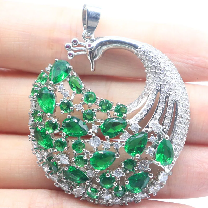 SheCrown 55x43mm Created Big Peacock Shape Pink Tourmaline Swiss Blue Topaz Aquamarine Green Emerald CZ Ladies Silver Pendant