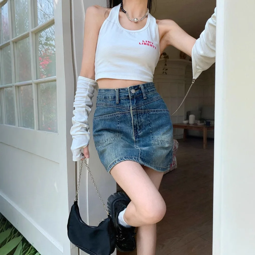 

Sexy Spicy ort Denim Skirt High Waist with Inner Prevent Exposure Wrap around Body Slimming A-Line Skirt for Women