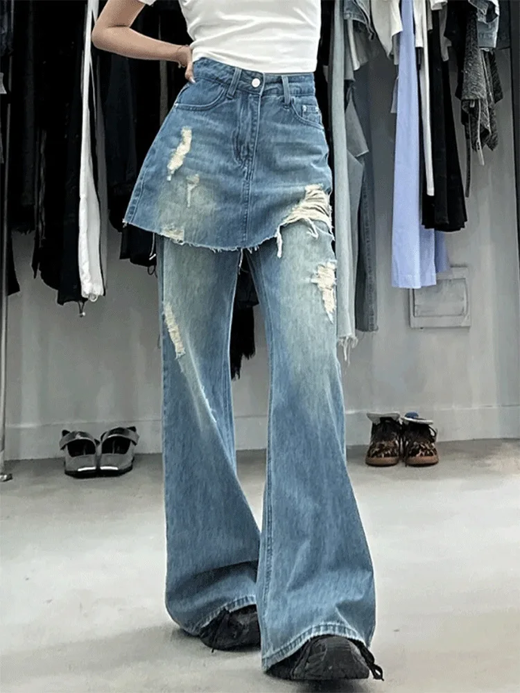 

Vintage High Waist Straight Jeans Female Summer 2024 Loose Thin Broken Holes Abrasion Dragging Wide-legged Pants