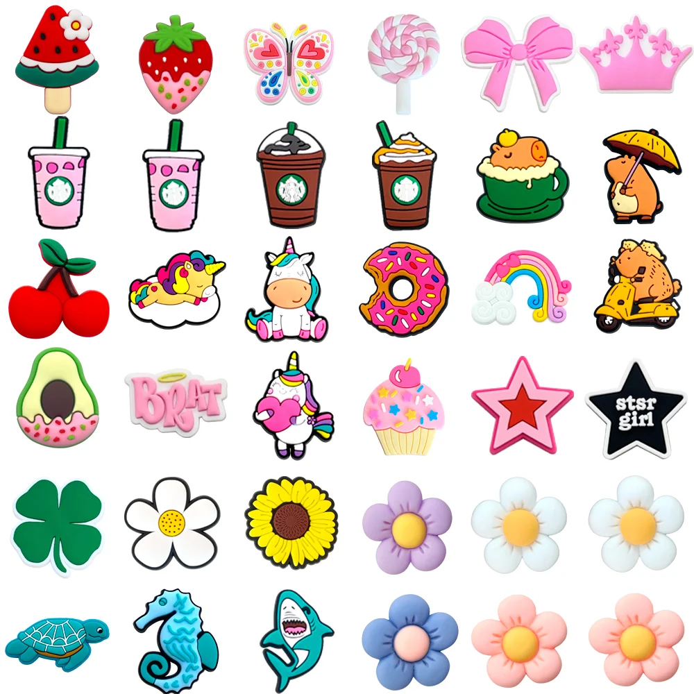 Breloques pour chaussures en forme de café, fleurs et fruits, pour la décoration des sabots et des sandales, accessoires de chaussures, breloques pour cadeaux d'amis