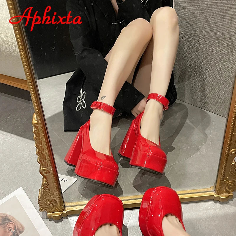 Aphixta New Platform Buckle Strap Pumps Women Shoes 12cm Chunky Heels Red Patent Leather Anti-drop Pimp Fashion Buckle Pumps