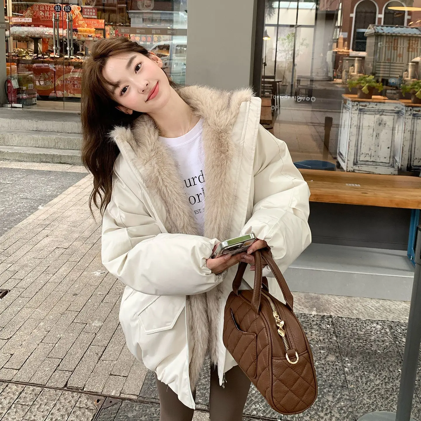 American Retro Style Long Sleeve Short Hooded Parkas Women Pure Color Vintage Coat Zipper Faux Fur Collar Jacket 2025 Winter