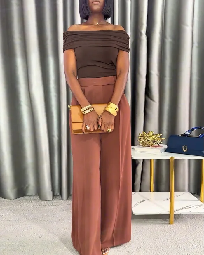 

Fashion-Forward 2-Piece Outfit: Elegant Off-the-Shoulder Top Matched with Stylish Wide Leg Business Trousers