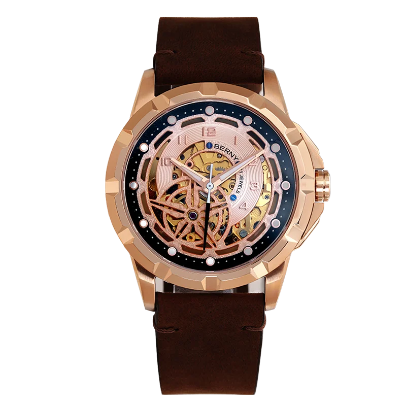 BERNY Männer Automatische Selbstaufzug Uhr BERNY 8N24 Skeleton Mechanische Uhren Luxus Steampunk Leuchtende Wasserdichte Armbanduhr