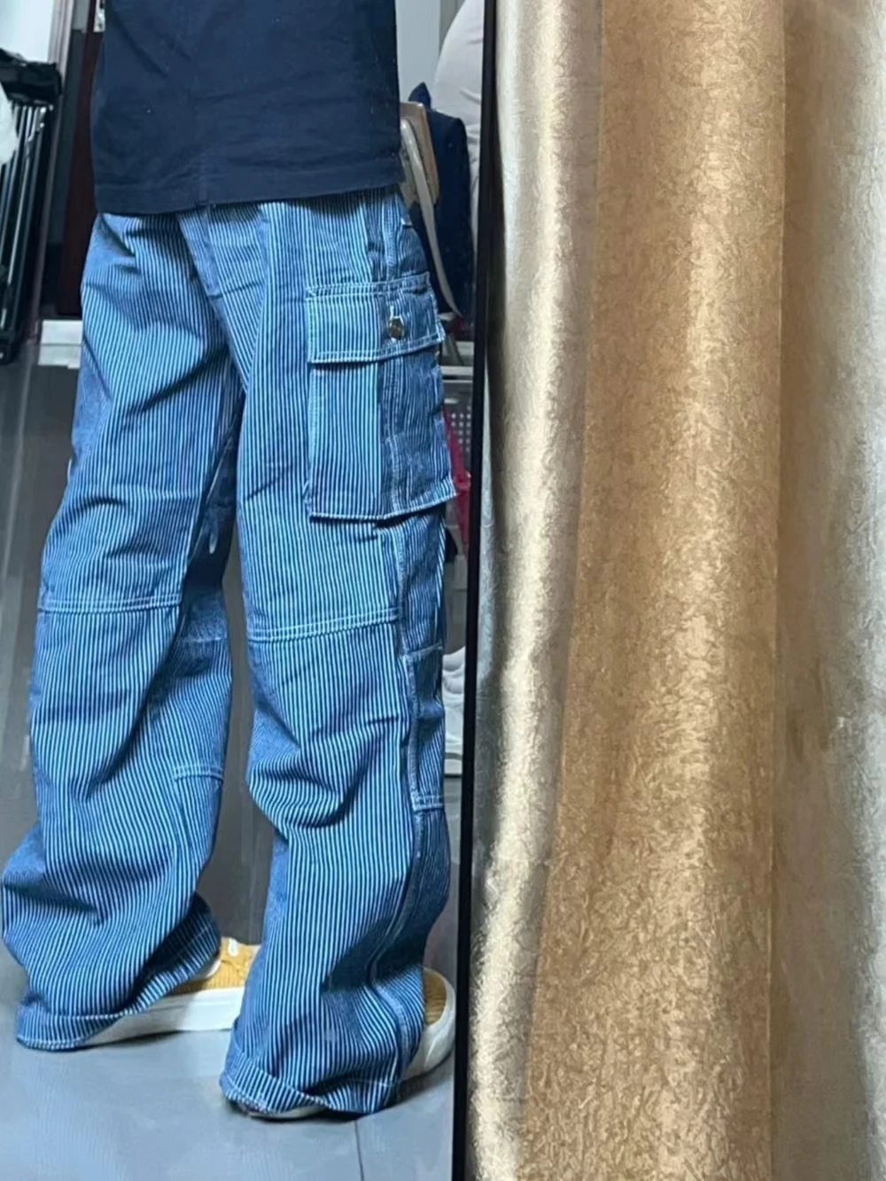 

American Streetwear Workwear Stripe Straight Leg Jeans ex Loose Pants Multiple kets Splicing Trendy Casual Trousers