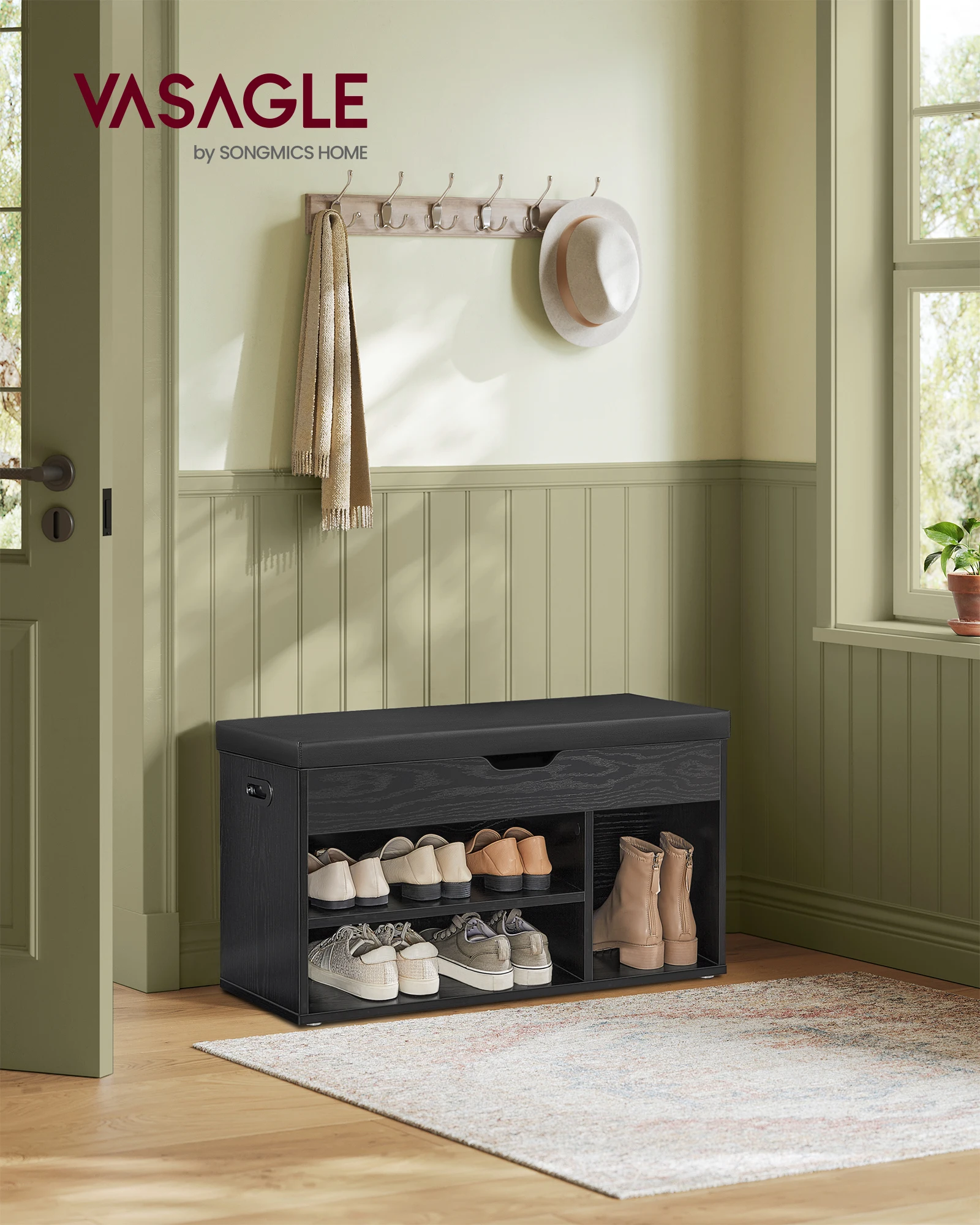 VASAGLE Banc à Chaussures Rembourré, Banc de Rangement, 3 Compartiments, Rangement Caché, Étagères, pour Salon, Entrée, Chambre, Capacité de Charge 150 kg