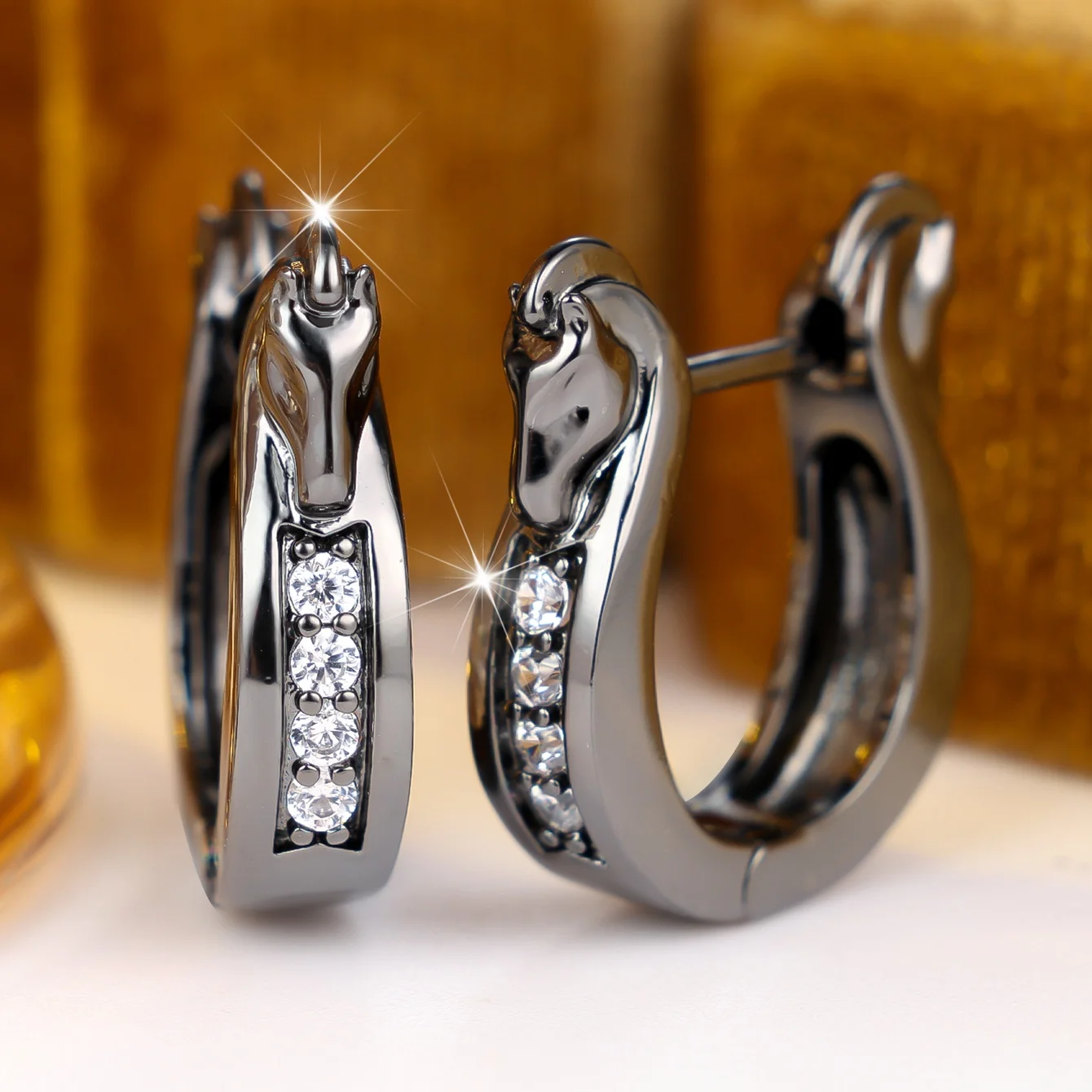 Animal Female White Stone Horse Hoop Earrings Trendy Fashion Black Gold Color Wedding Jewelry For Women