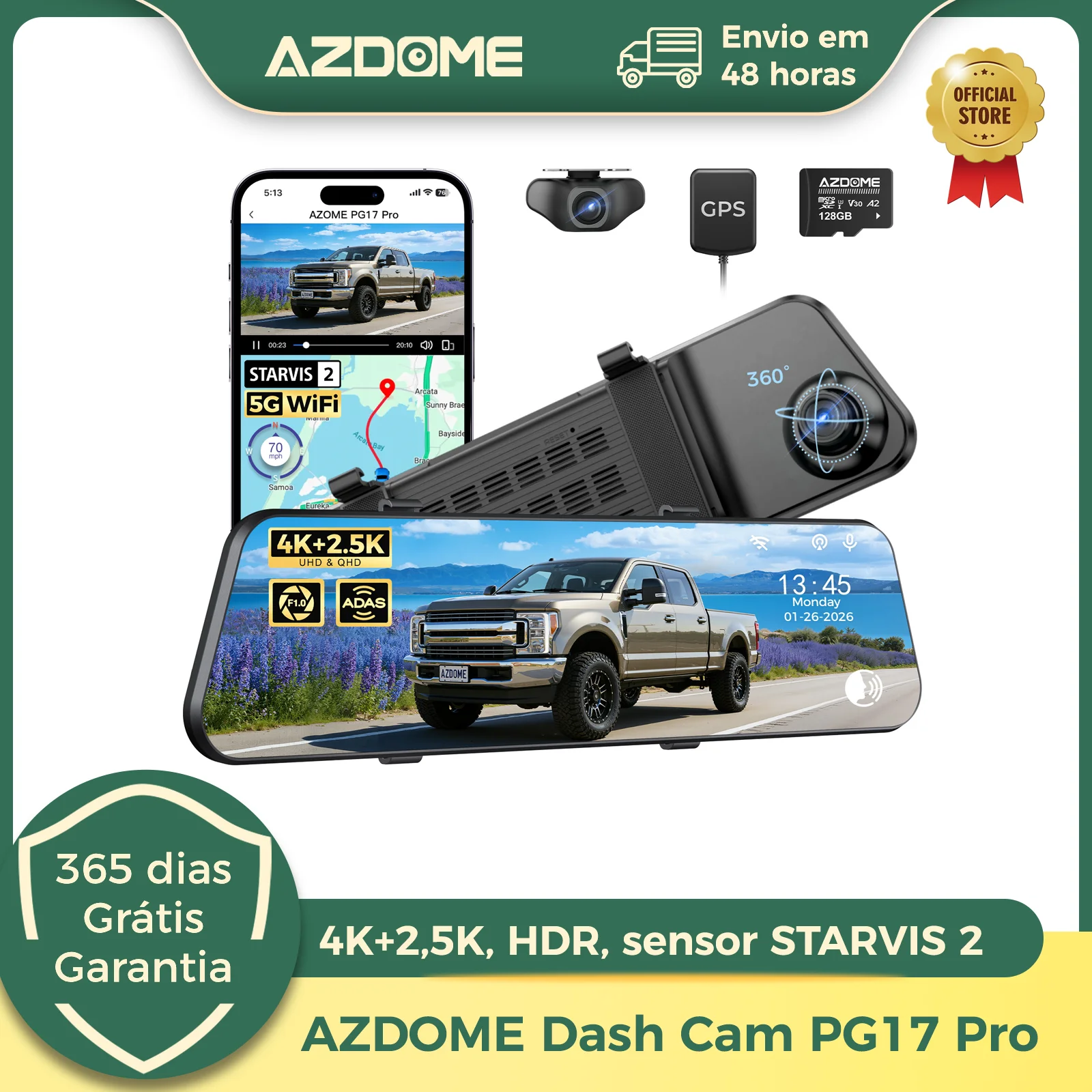 Azdome pg17 pro 4k + 2.5k retrovisor traço cam 12 "tela de toque hdr espelho retrovisor câmera com starvis 2 5g wifi fluxo mídia carro dvr