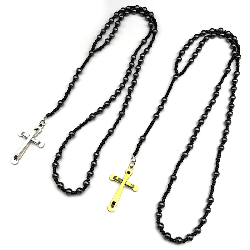 

Christian Cross Pendant Necklace Women Men Stainless Steel Black Rosary Beaded Gold Color Amulet Long Chain Prayer Gift Jewelry